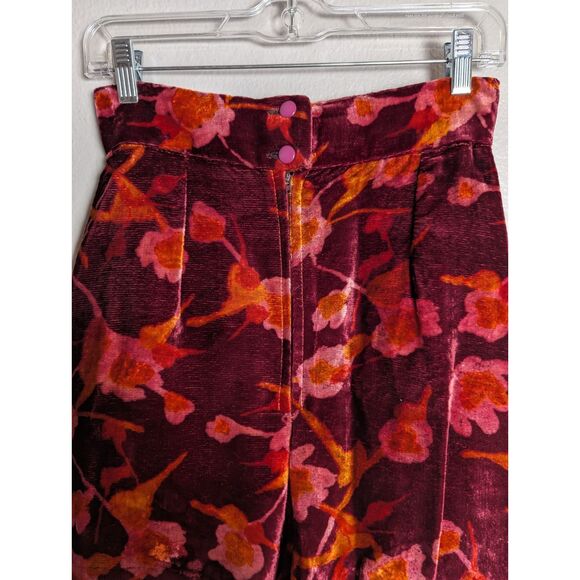 Vintage 70's Pants S Wine Floral Velvet Bell Bottoms High Rise Wide Leg Flare - Picture 7 of 11